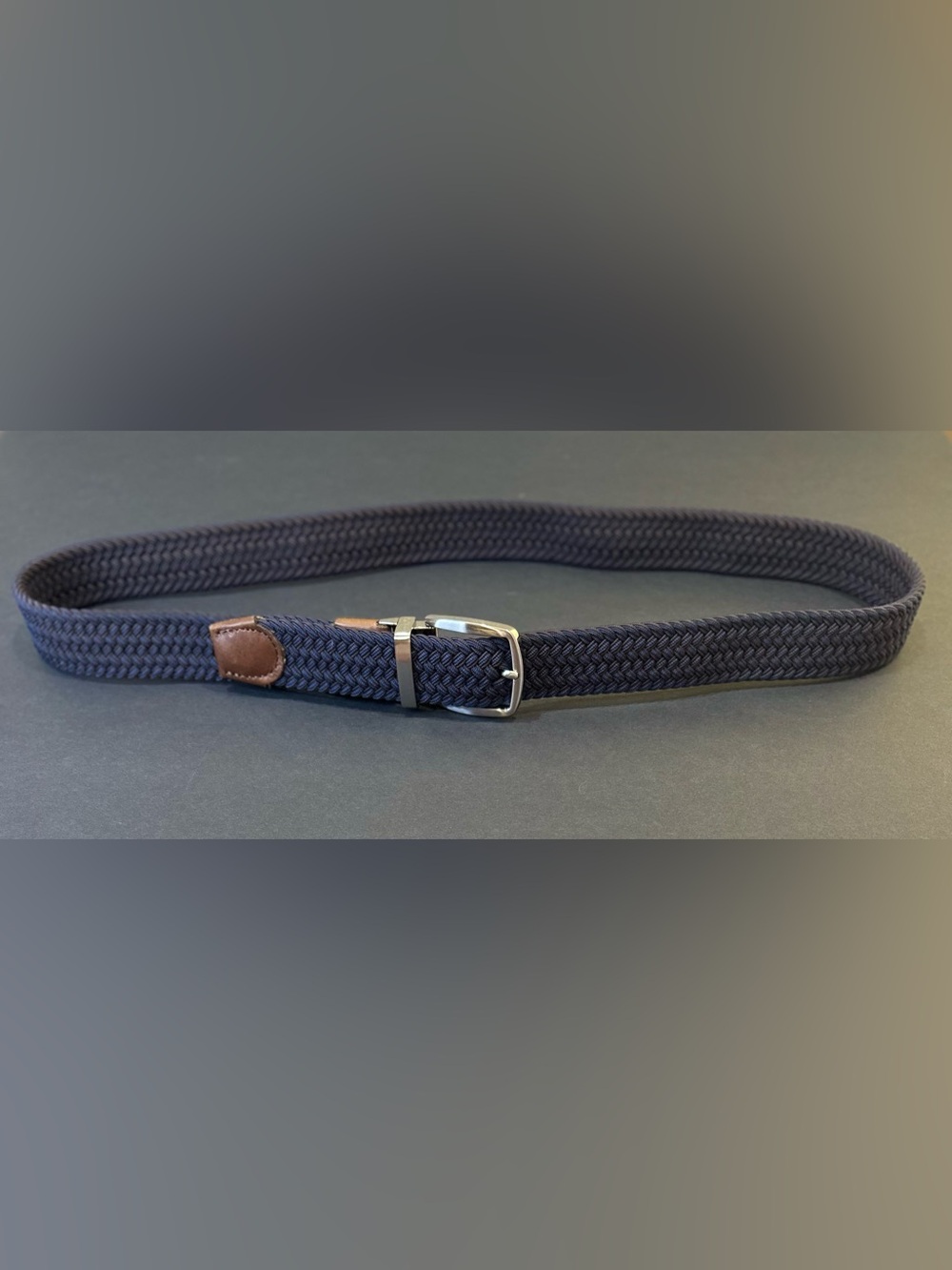 Tommy Bahama Navy & Brown Braided Stretch Belt Leather Accents Silver Buckle L/X